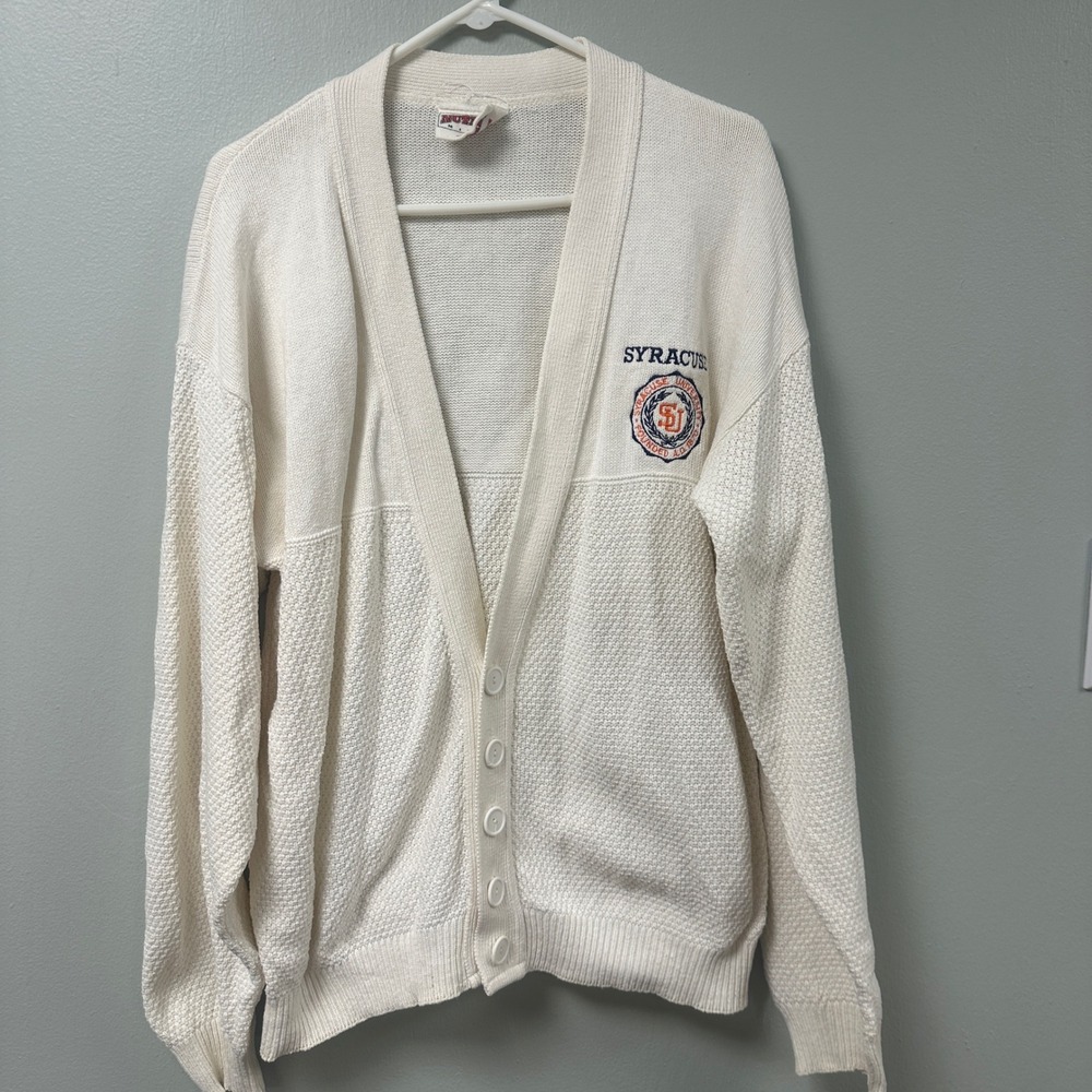 Vintage Nutmeg Mills Syracuse University Cardigan Sweater Mens XL White Cotton